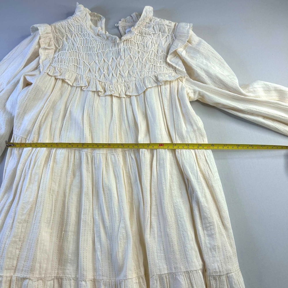 Zara Kids Girls Cream Gold Metallic Pinstripe Smocked Tiered Ruffle Dress Size 9 - Picture 3 of 7